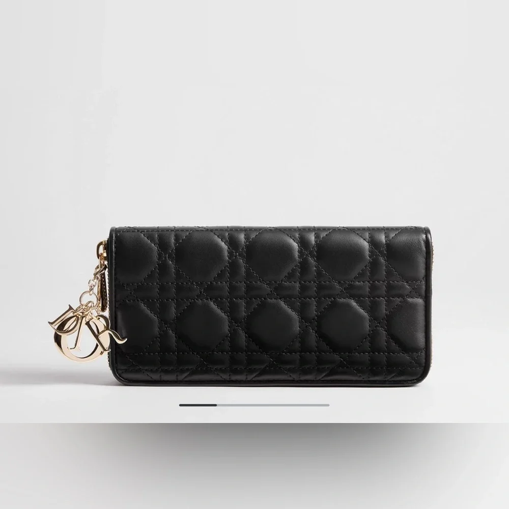 Dior Large Lady Dior Voyageur Black Quilted Lambskin Wallet with Gold Charm